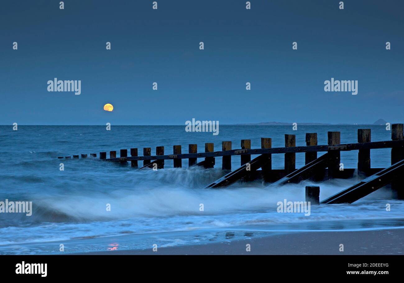 Portobello, Edimburgo, Scozia, Regno Unito. 30 novembre 2020. Al twilght, la luna piena ceretta gibbosa Beaver che sorge sopra East Lothian e il Firth of Forth. Credit: Arch White/Alamy Live News. Foto Stock
