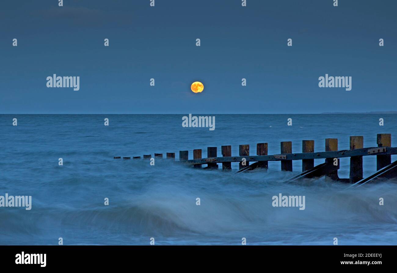Portobello, Edimburgo, Scozia, Regno Unito. 30 novembre 2020. Al twilght, la luna piena ceretta gibbosa Beaver che sorge sopra East Lothian e il Firth of Forth. Credit: Arch White/Alamy Live News. Foto Stock