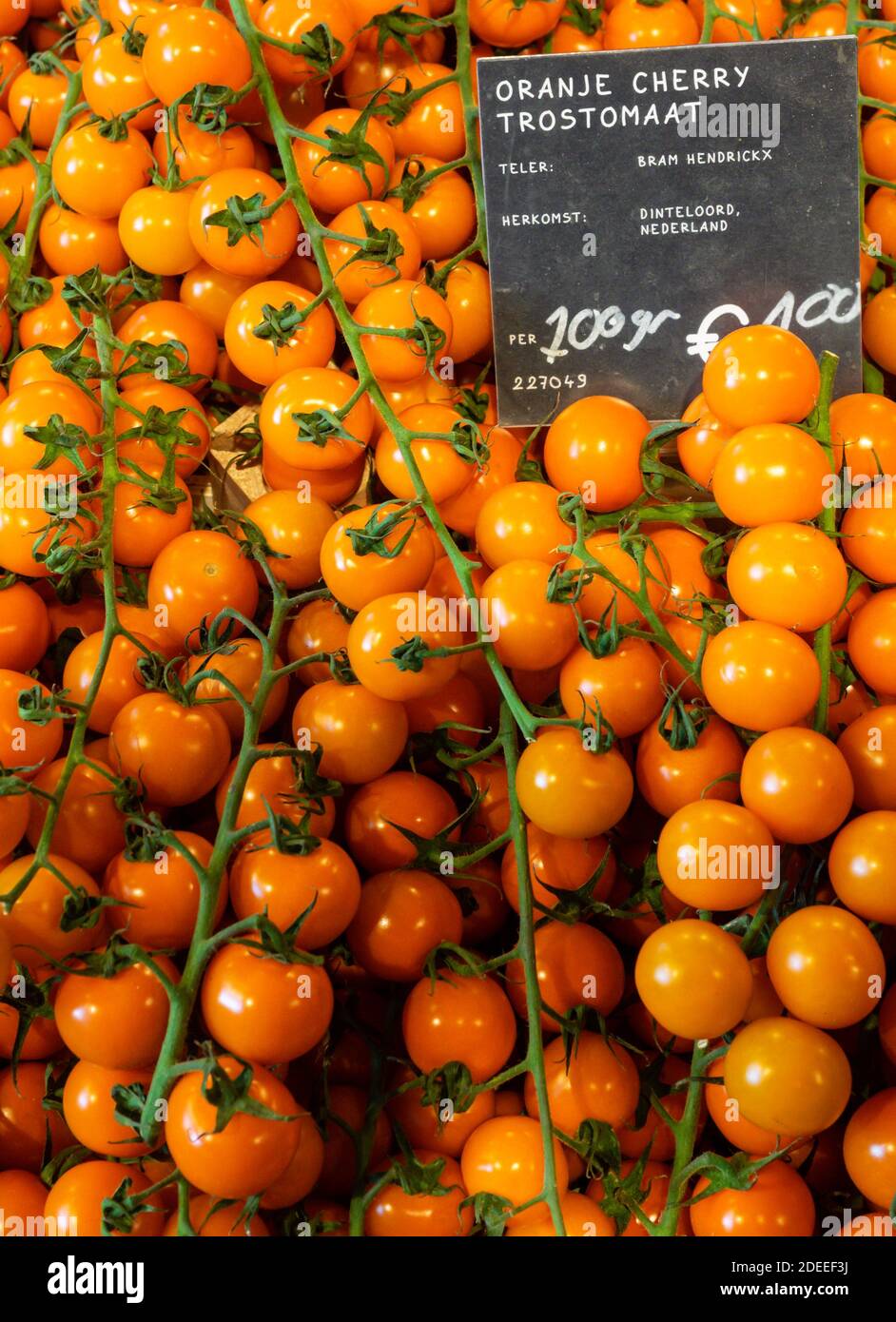 AMSTERDAM, PAESI BASSI - 01 MAGGIO 2018: Pomodori freschi sul vitigno in bancarella olandese con etichetta di prezzo Foto Stock