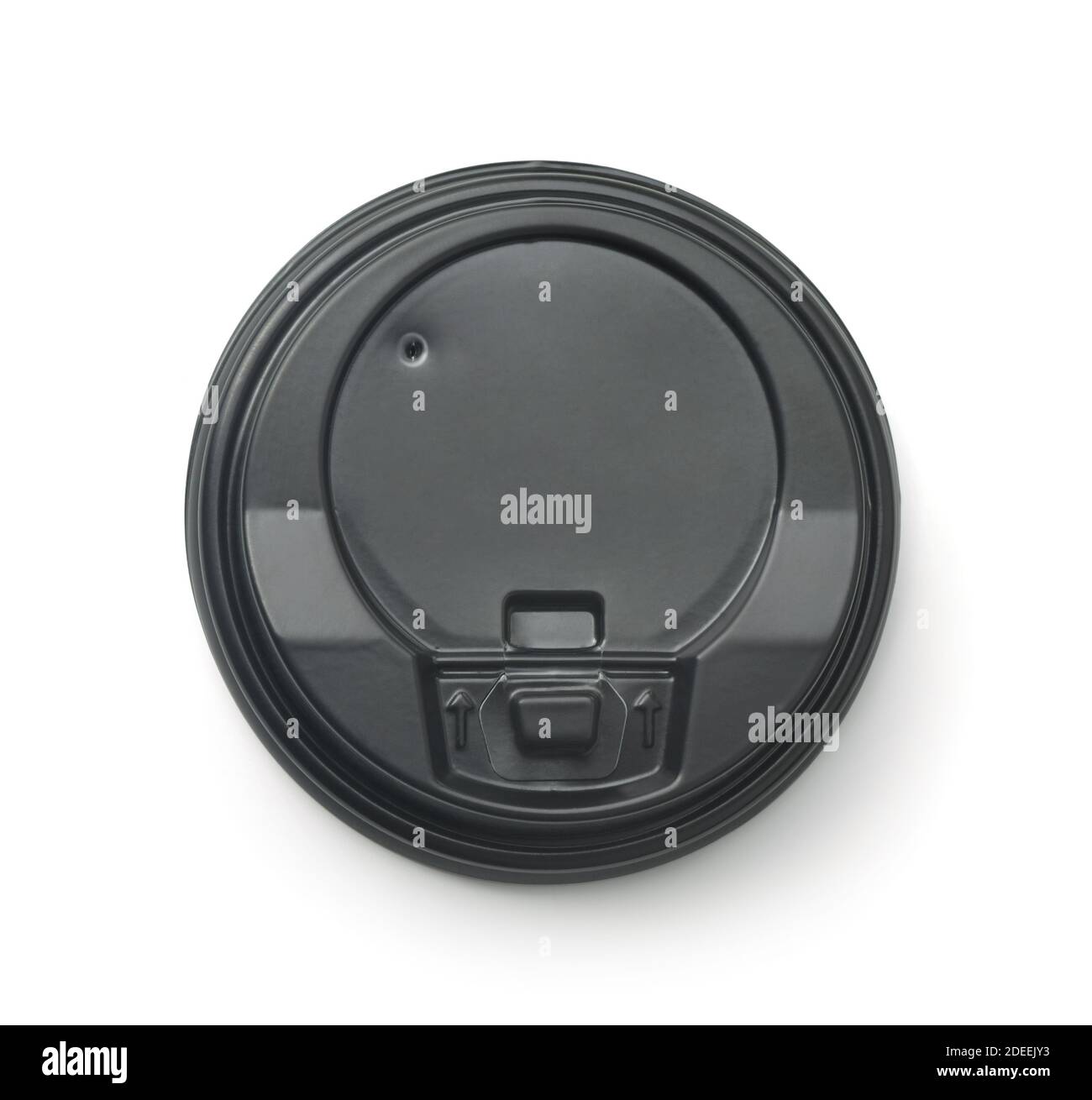 Vista dall'alto del tappo da caffè da asporto monouso in plastica nera isolato su bianco Foto Stock