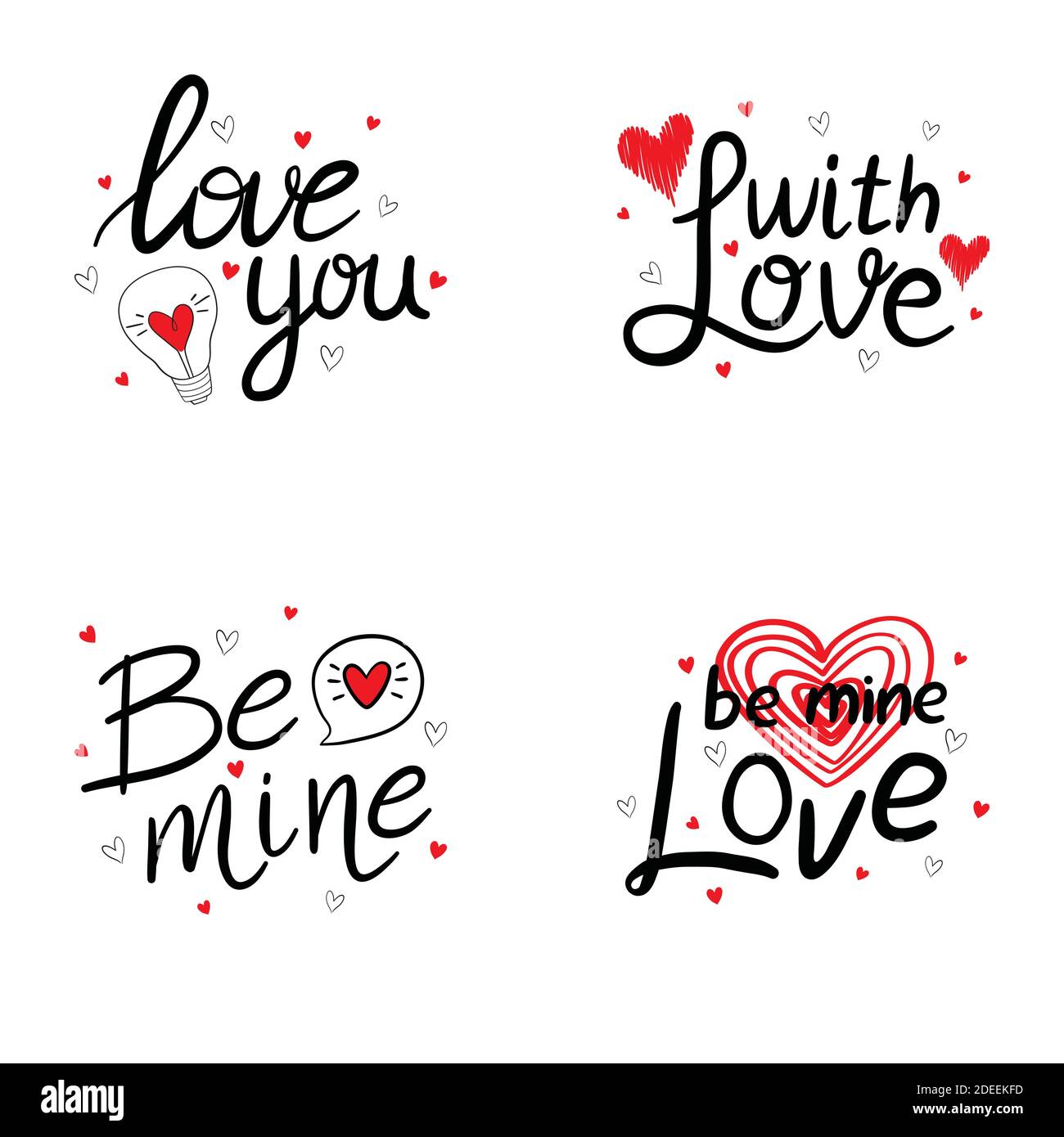 Set di citazioni vettoriali disegnate a mano per San Valentino. Buon San Valentino. Ti voglio bene. Illustrazione Vettoriale