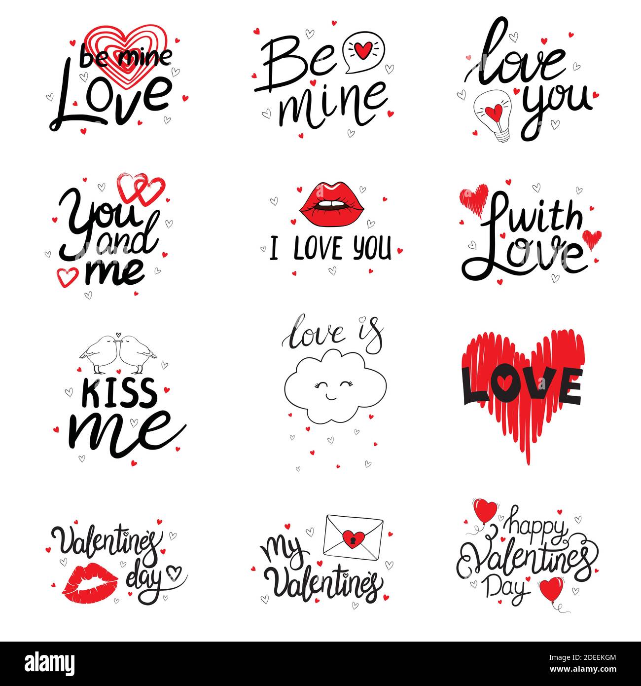 Set di citazioni vettoriali disegnate a mano per San Valentino. Buon San Valentino. Ti voglio bene. Illustrazione Vettoriale