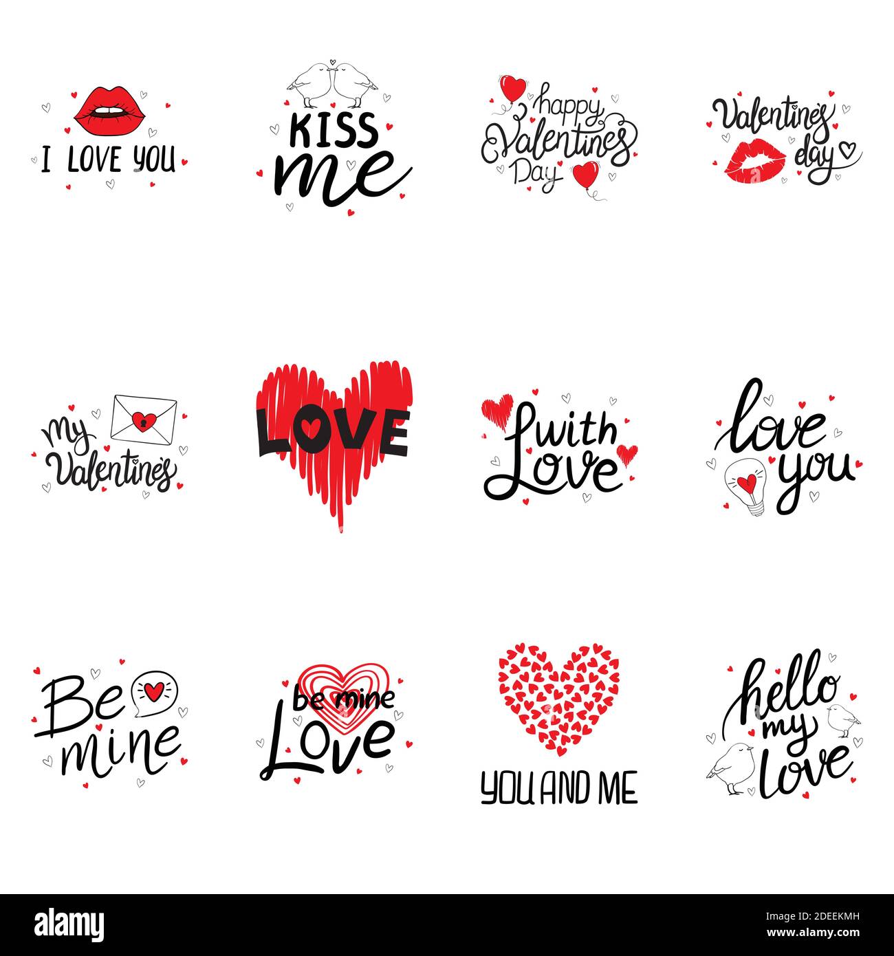 Set di citazioni vettoriali disegnate a mano per San Valentino. Buon San Valentino. Ti voglio bene. Illustrazione Vettoriale