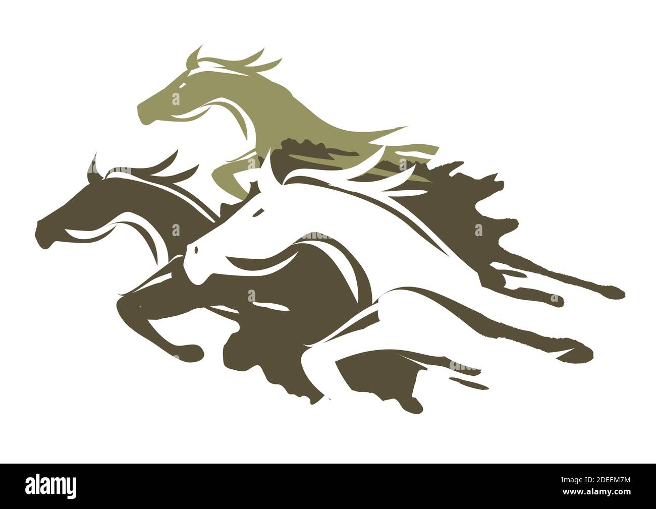 Tre cavalli da corsa. Illustrazione espressiva di cavalli veloci.isolato su sfondo bianco.vettore disponibile. Illustrazione Vettoriale