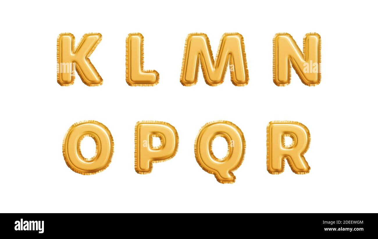 Realistico palloncini d'oro alfabeto isolato su sfondo bianco. K L M N o P Q R lettere dell'alfabeto. Illustrazione vettoriale Illustrazione Vettoriale