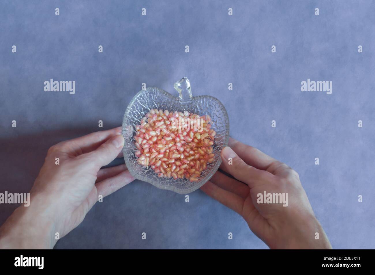 Due mani tengono una ciotola di vetro a forma di frutta riempita con semi di melograno su una tovaglia di tessuto blu. Cucina cibo sano. Foto Stock