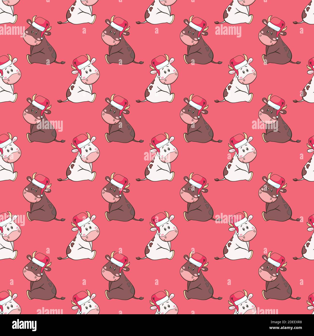 Vettore di nuovo anno modello senza giunture con carino toro cartoon, mucca che indossa il cappello di Santa e di tenuta regali Illustrazione Vettoriale