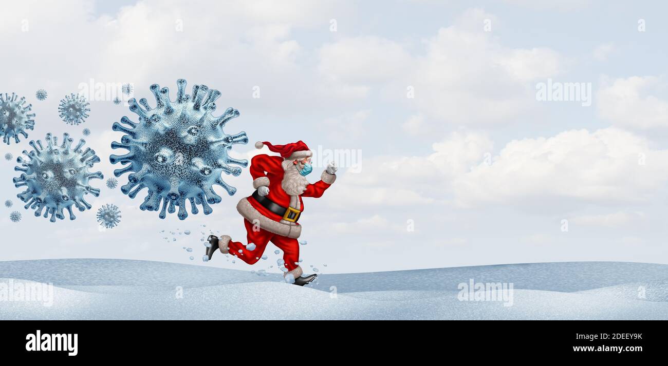 La prevenzione delle malattie di festa e Babbo Natale che indossa una maschera facciale che corre via dal virus come simbolo della stagione di Natale per la salute invernale. Foto Stock