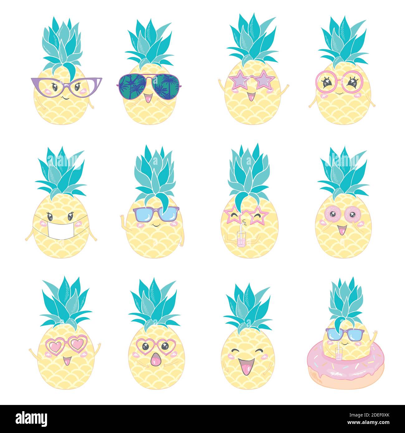 Set di simpatici personaggi di ananas per adesivi tropicali estivi. Illustrazione vettoriale Illustrazione Vettoriale