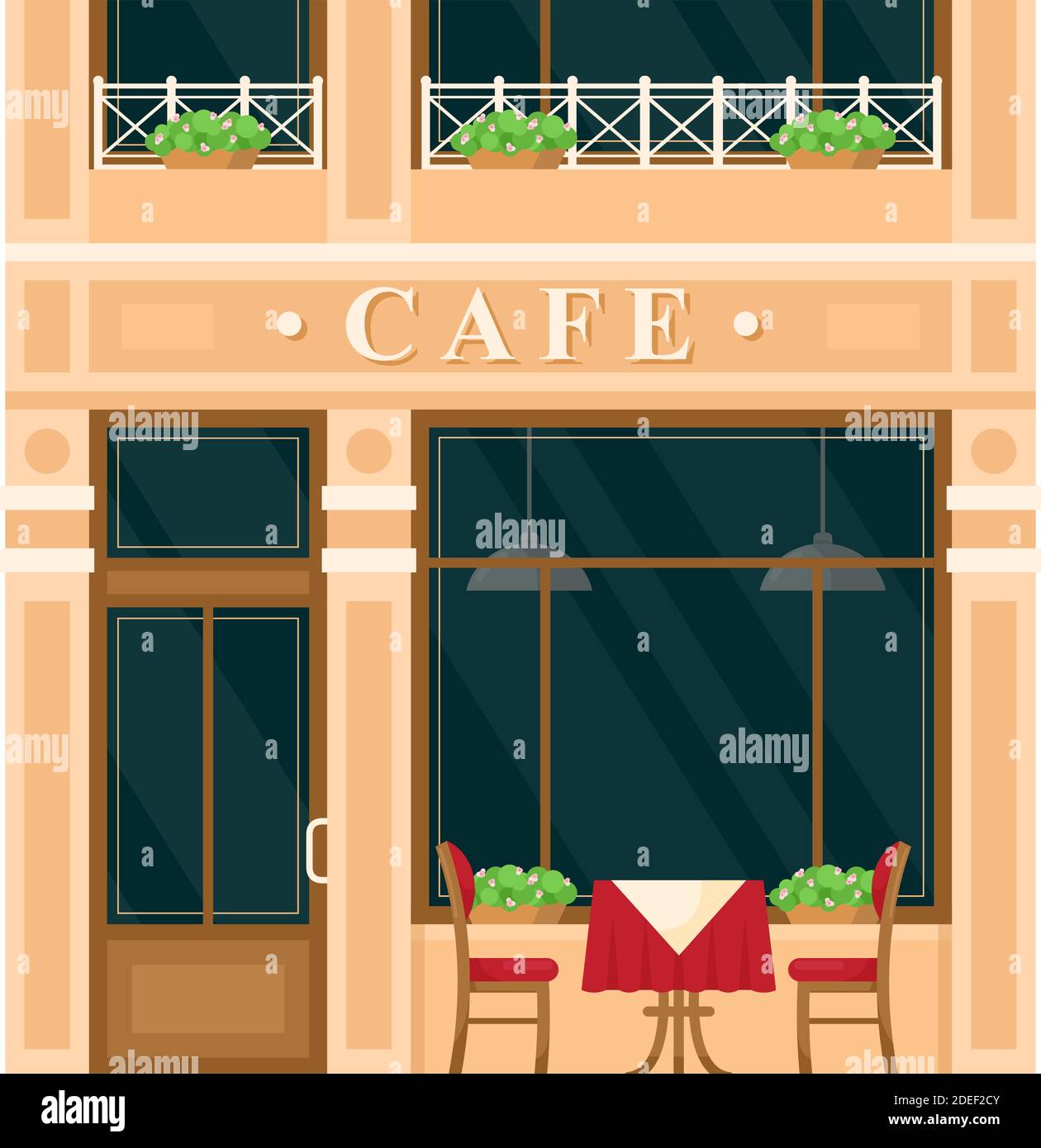 Vintage cafe house edificio facciata vettoriale illustrazione. Cartoon strada europea con l'esterno verde dell'edificio, porta d'ingresso anteriore, grandi finestre Illustrazione Vettoriale