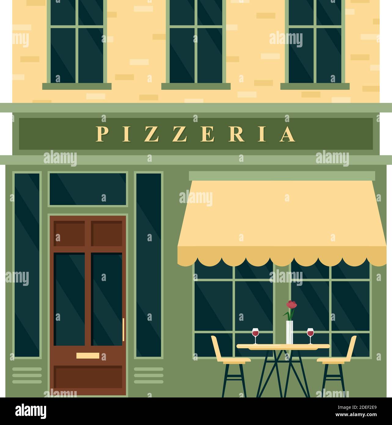 Vintage pizzeria caffè ristorante casa edificio facciata vettore illustrazione. Cartoon European City Street con l'esterno verde dell'edificio, ingresso frontale Illustrazione Vettoriale