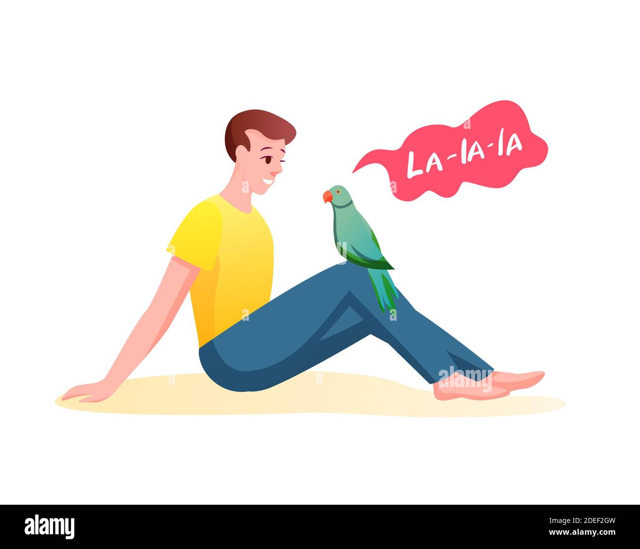 Illustrazione vettoriale del giovane uomo sta comunicando con pappagallo, migliori amici dell'animale domestico. Ragazzo è seduto e ascoltando il pappagallo che canta, prendersi cura di uccello Illustrazione Vettoriale