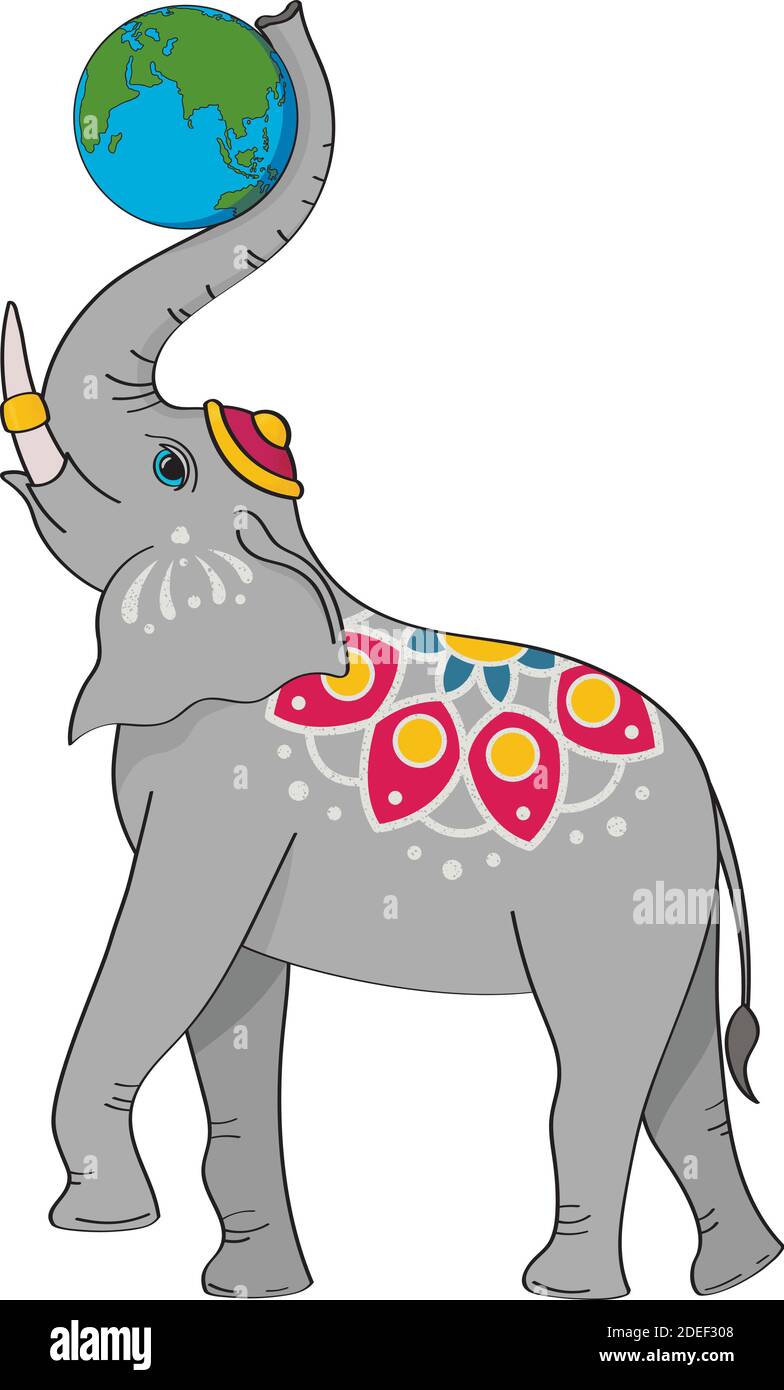 L'elefante indiano tiene il pianeta con il suo tronco Illustrazione Vettoriale