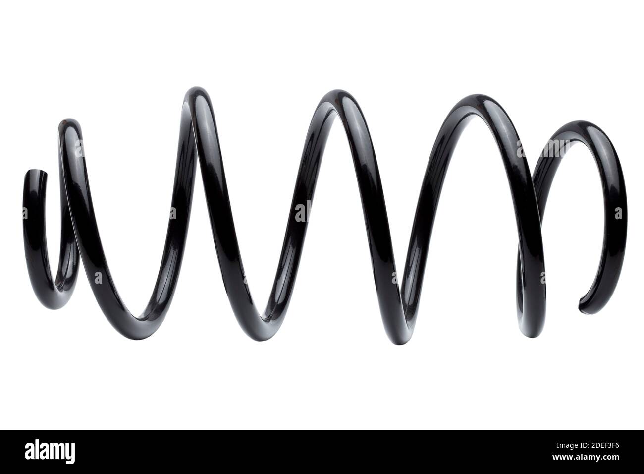parte di ricambio per sospensione auto a molla, molla elastica a spirale in ferro nero isolata su sfondo bianco. Foto Stock