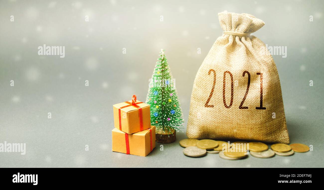 Borsa di denaro 2021, albero di Natale, e regali. Capodanno o Natale vacanza invernale. Accumulare denaro e pianificare un budget. Affari e finanza. Prestiti, dep Foto Stock