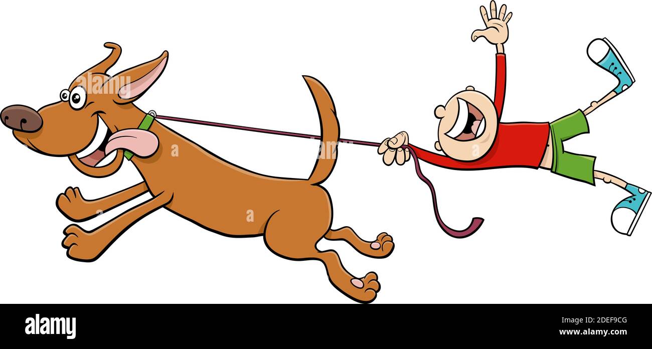 Illustrazione del cartone animato di carattere divertente animale del cane che tira un ragazzo al guinzaglio Illustrazione Vettoriale