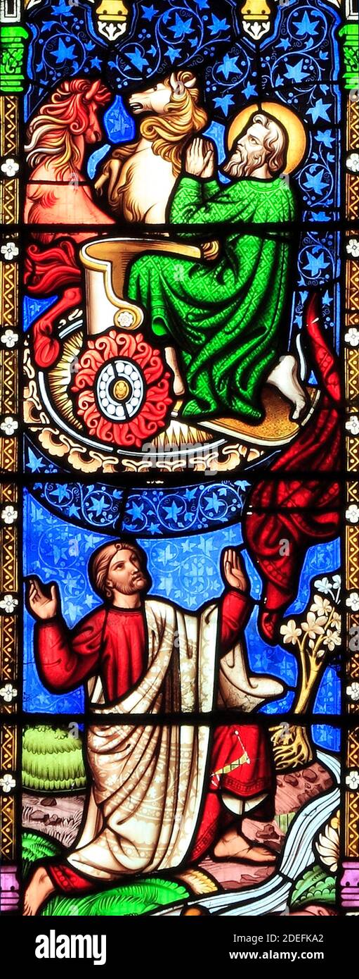 Vita di Elia, Elia sale al Cielo, in un vortice, Eliseo orologi, di William Wailes, metà del 19 ° secolo, Storia della Bibbia, Ely Cattedrale Foto Stock