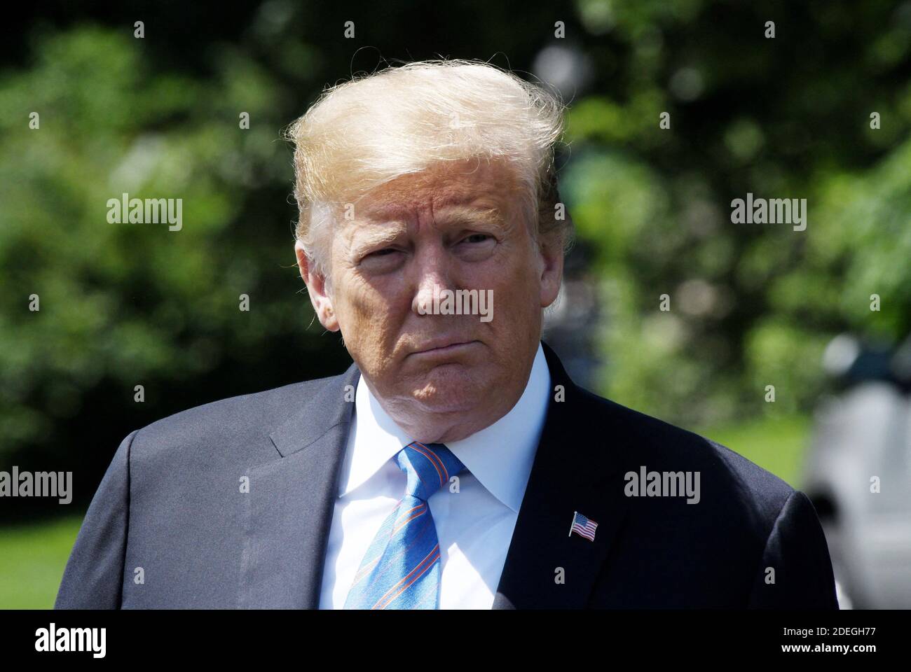 Il presidente degli Stati Uniti Donald Trump risponde alle domande dei giornalisti prima di lasciare la Casa Bianca il 14 maggio 2019 a Washington, DC. Foto di Olivier Douliery/ABACAPRESS.COM Foto Stock