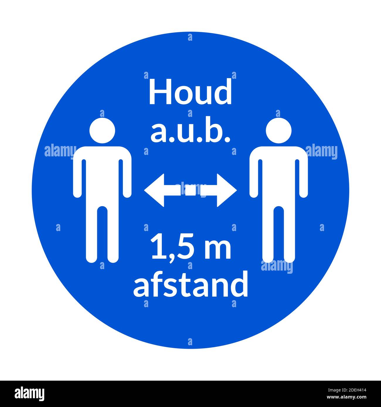 Houd a.u.b. 1,5 m a distanza ('mantenere una distanza di 1,5 metri' in olandese) simbolo circolare di istruzioni per la distanza sociale o adesivo. Immagine vettoriale. Illustrazione Vettoriale