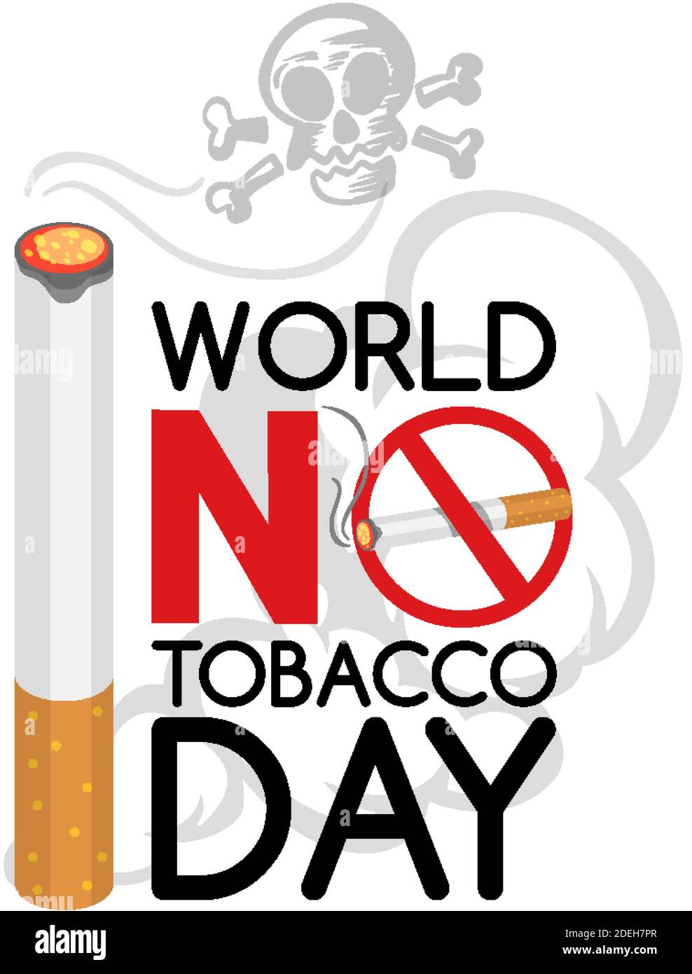 World No Tobacco Day logo con grande tabacco che brucia e. illustrazione del cranio Illustrazione Vettoriale