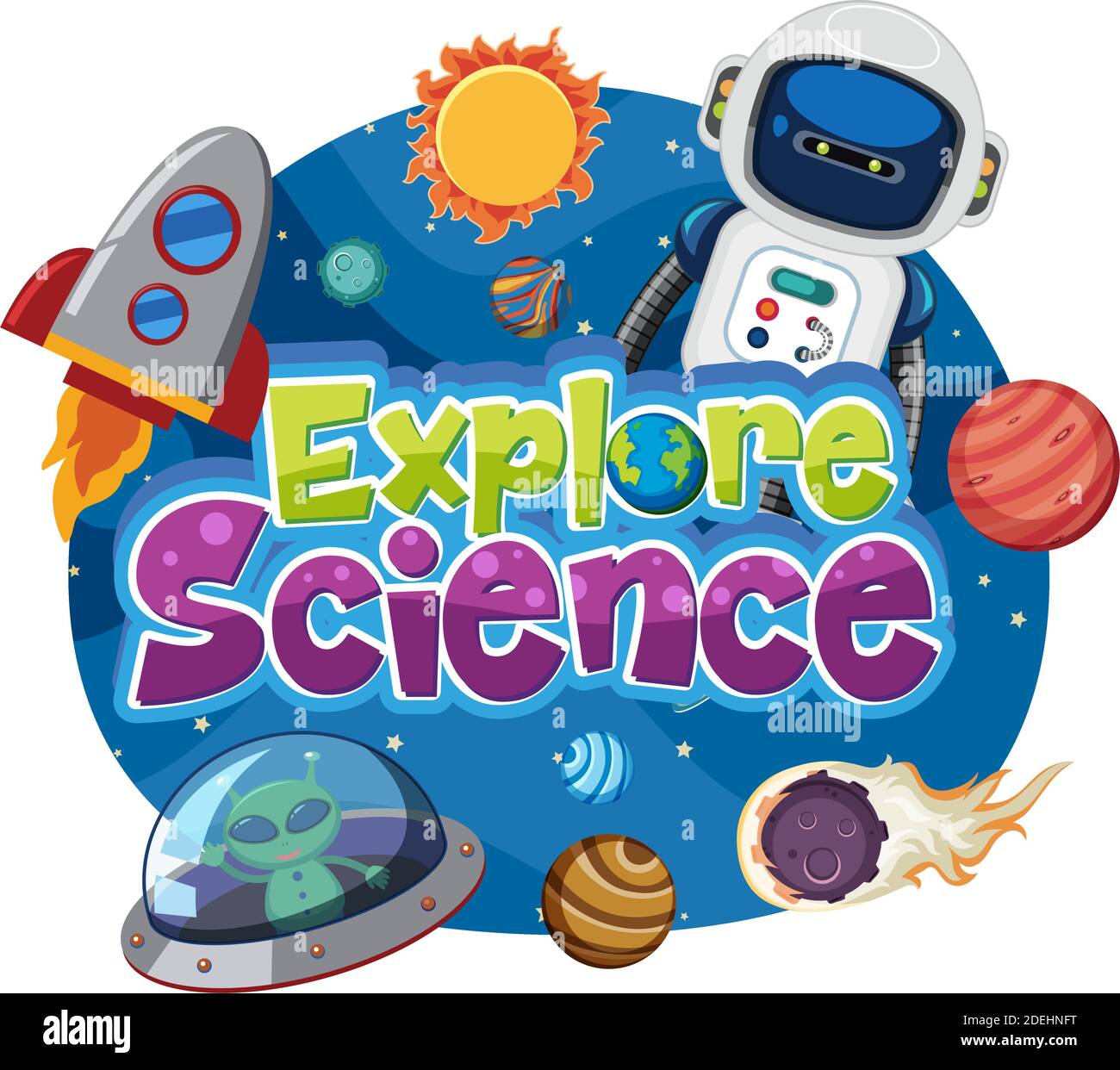 Esplora il logo della scienza e insieme di oggetti di educazione spaziale isolati illustrazione Illustrazione Vettoriale