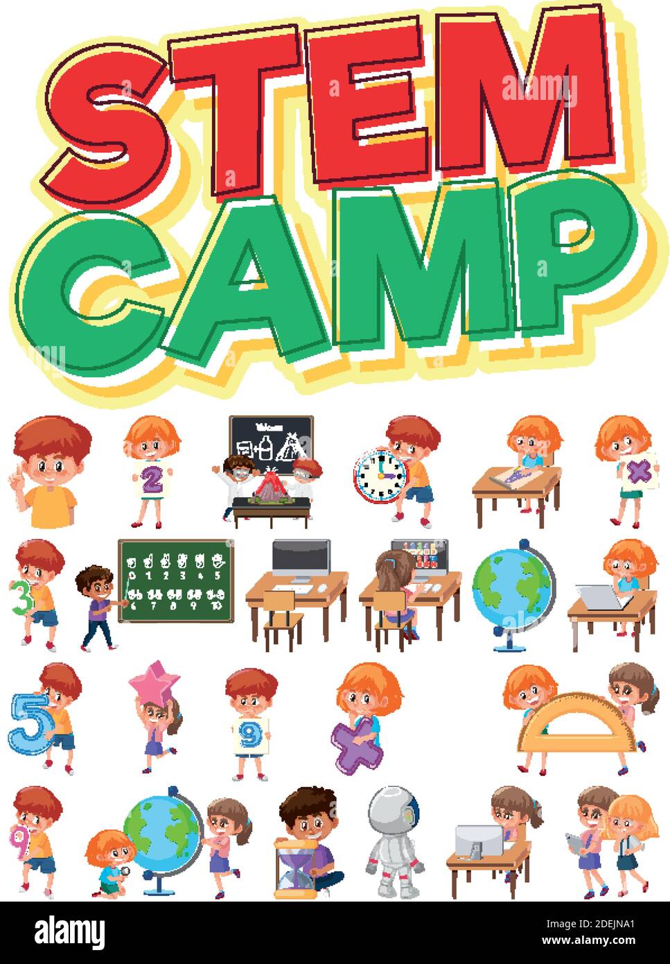 Logo del campo di poppa e set di bambini con oggetti didattici illustrazione isolata Illustrazione Vettoriale