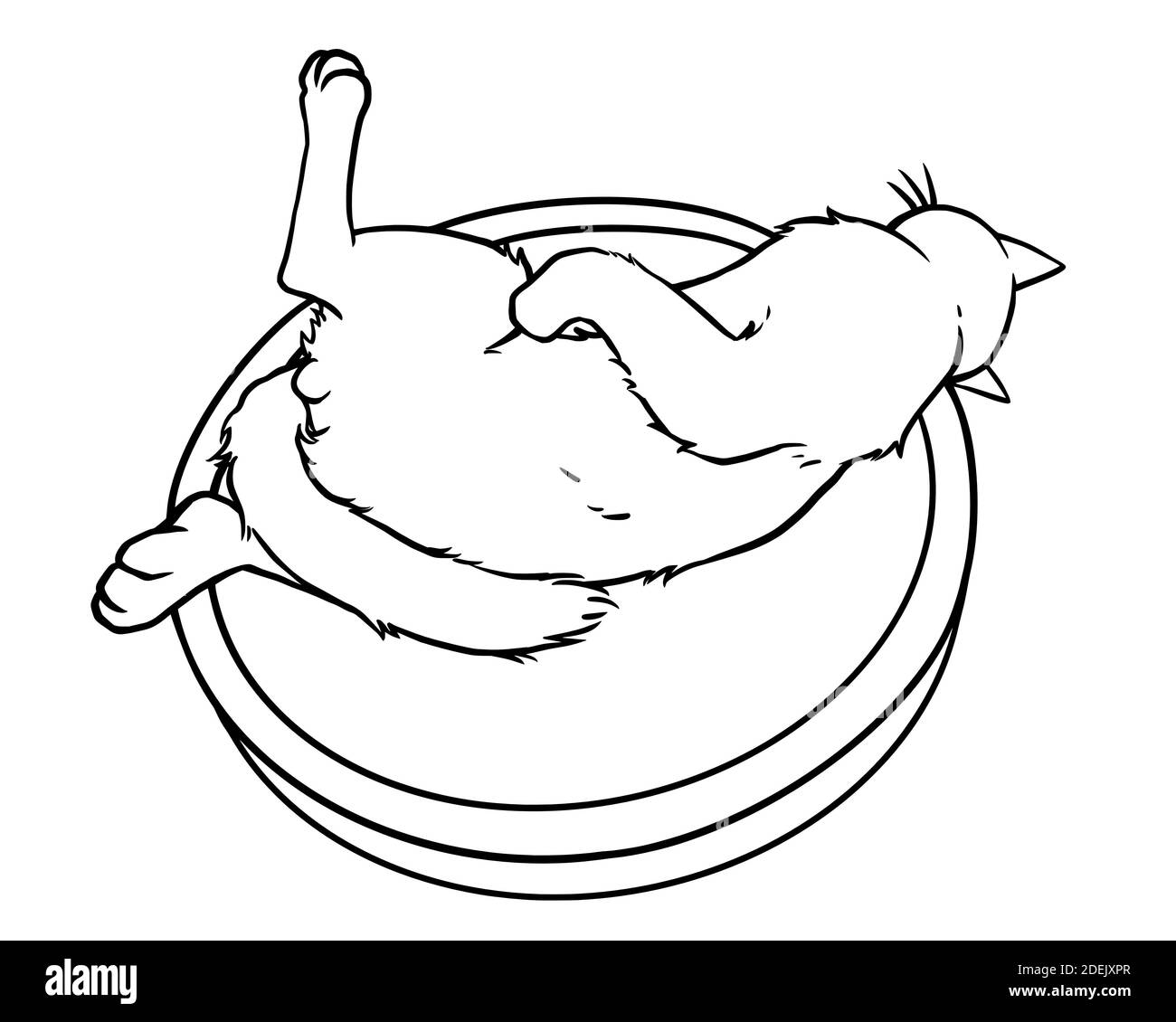Un disegno di linea di un gatto che giace su in un cestino. Illustrazione in stile cartoon. Vettore disegnato a mano. Foto Stock