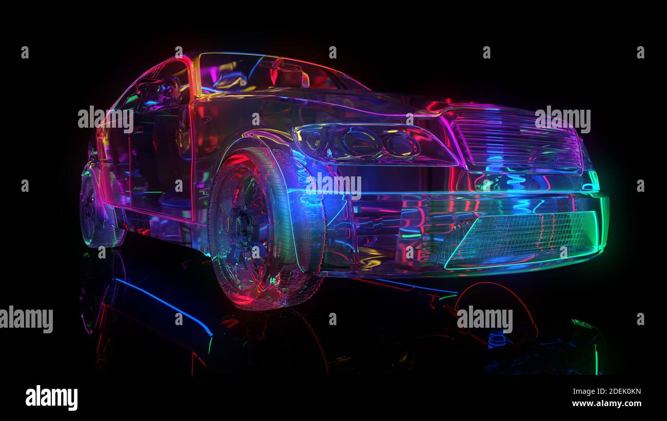Auto in vetro con illuminazione al neon. I bordi della vettura sono evidenziati Foto Stock