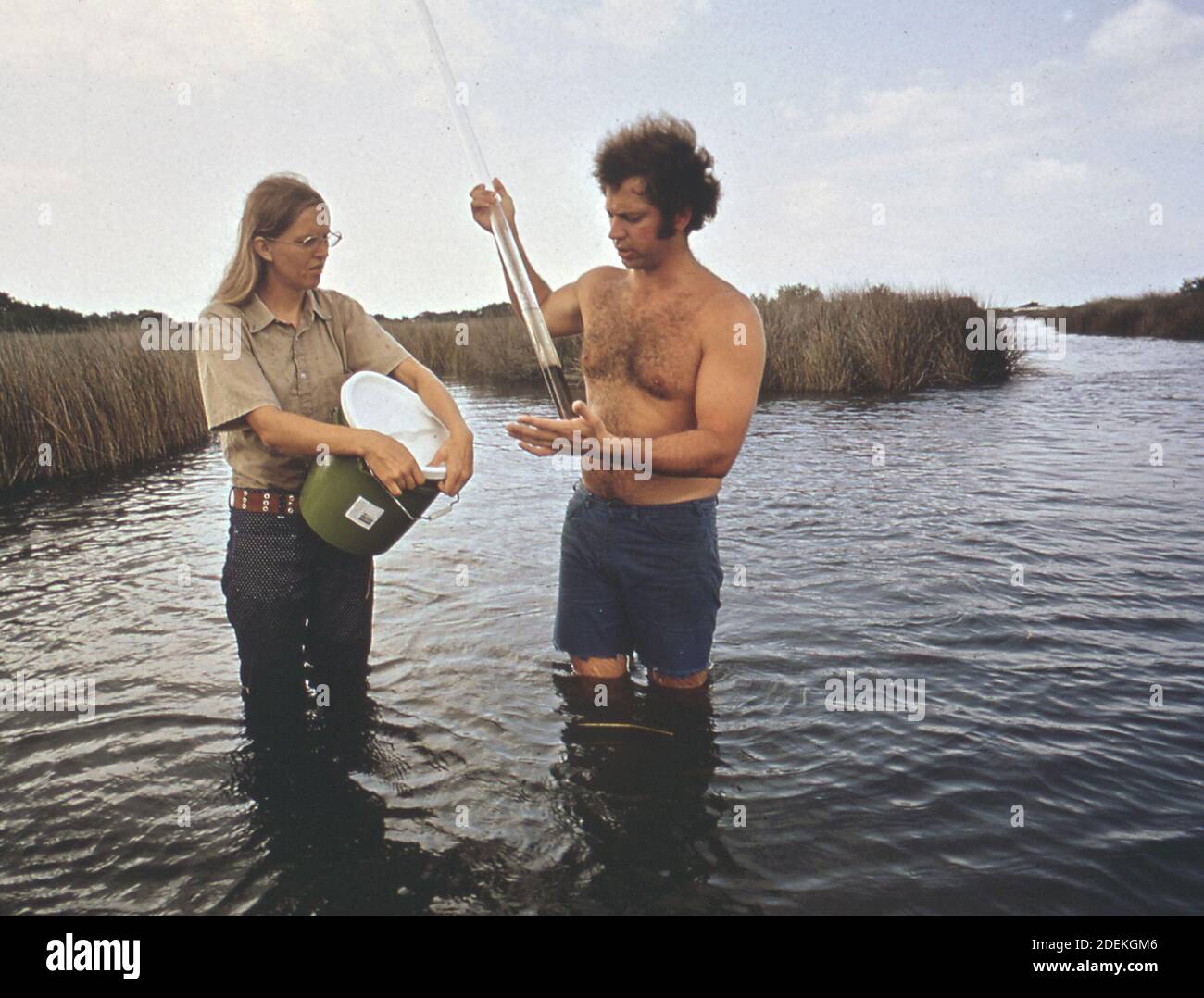 1970 Photo (1972) - EPA Gulf Breeze Laboratory biologi in un viaggio in campo a una palude di sale. Campioni di fango e sabbia dragati dal fondo di palude sono messi nel tubo di vetro Foto Stock