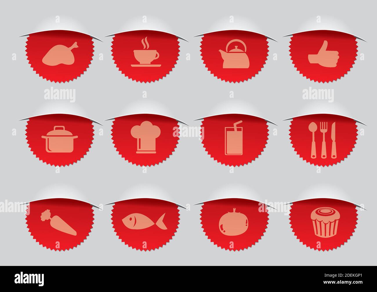 Set di dodici immagini vettoriali del sigillo reale con cibi, bevande e icone da cucina ritagliate su una superficie metallica. Adatto per attività di ristorazione. Illustrazione Vettoriale