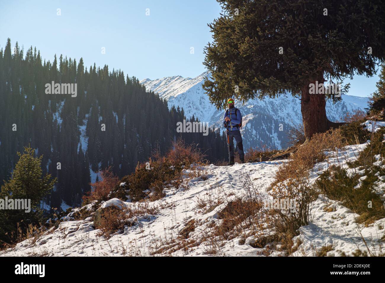 Un viaggiatore maschile bearded in occhiali da sole si erge su un sentiero di montagna in inverno. Trekking all'aperto in montagna in inverno in una bella giornata di sole Foto Stock