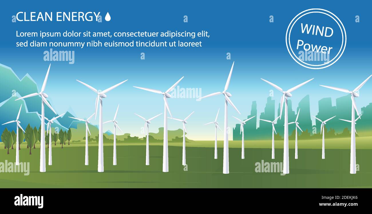 Illustrazione vettoriale in stile piatto di energia eolica con turbine eoliche su uno scenario verde. Concetto industriale di energia eolica eco. Energia pulita. Illustrazione Vettoriale