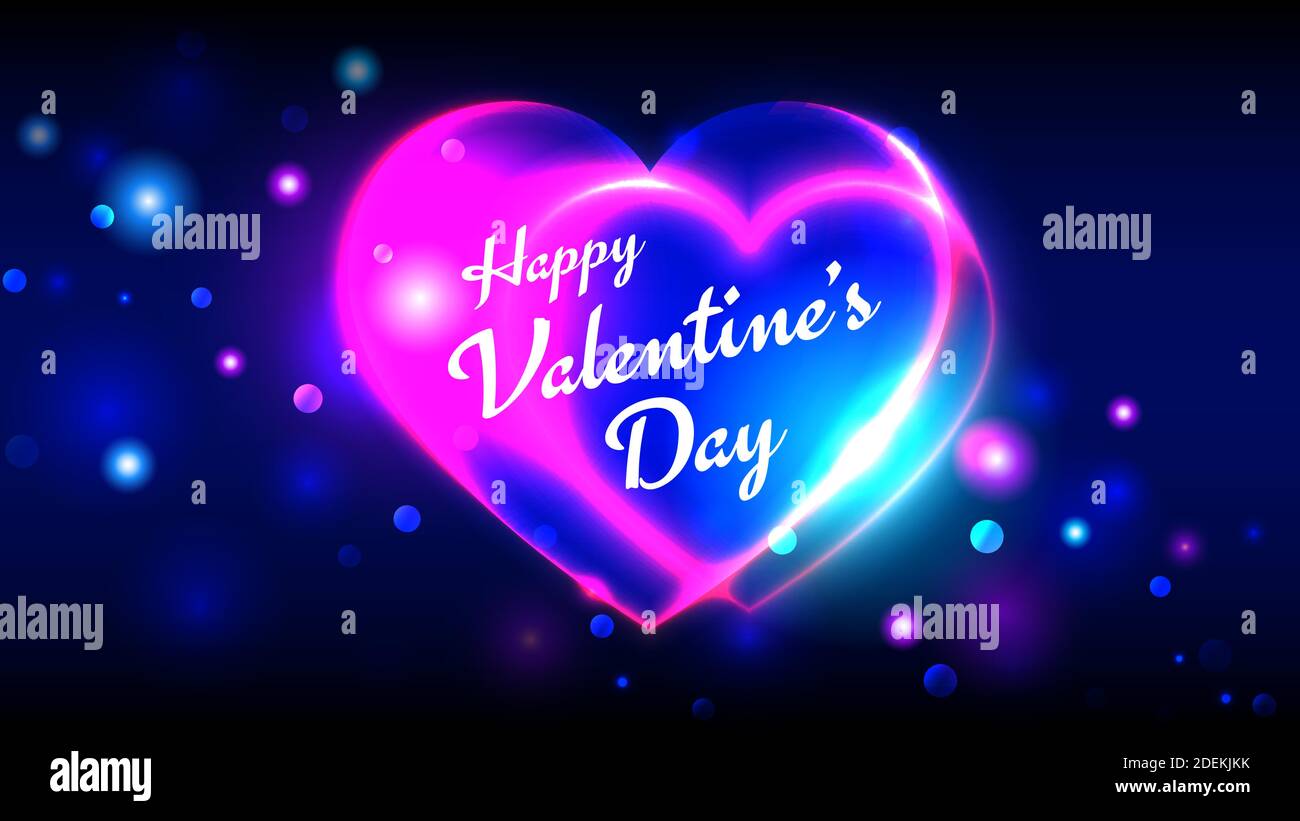Biglietti d'auguri per valentines giornalieri vettoriali, forma del cuore al neon multicolore brillante su sfondo bokeh scuro Illustrazione Vettoriale