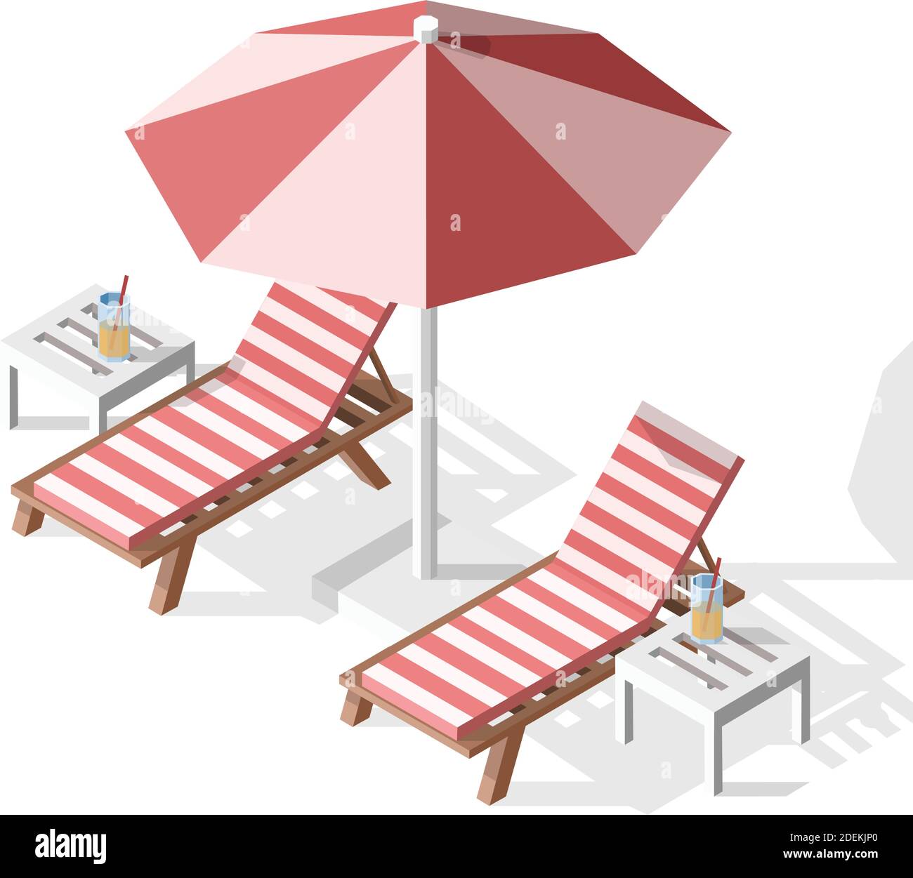 Vettore isolato isometrico estivo illustrazione di due lettini con ombrellone, tavoli e cocktail. Illustrazione Vettoriale