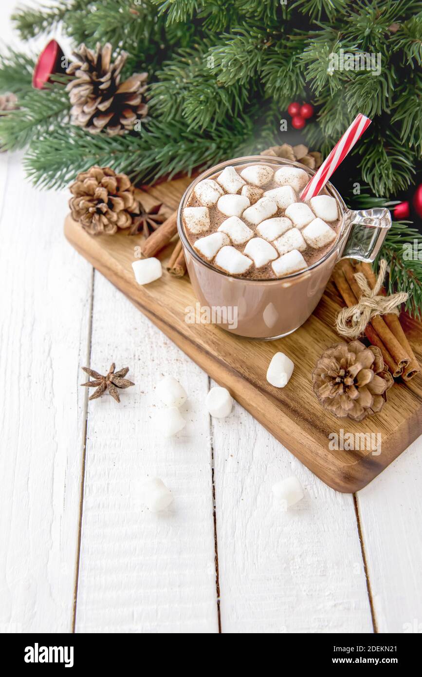 Bevanda calda speziata al cioccolato di Natale con marshmallows che si inspillano sul legno piatto Foto Stock
