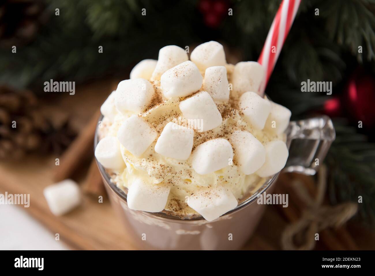 Primo piano di marshmallows bianchi e guarnizioni di panna montata su Una tazza di cioccolata calda speziata Foto Stock