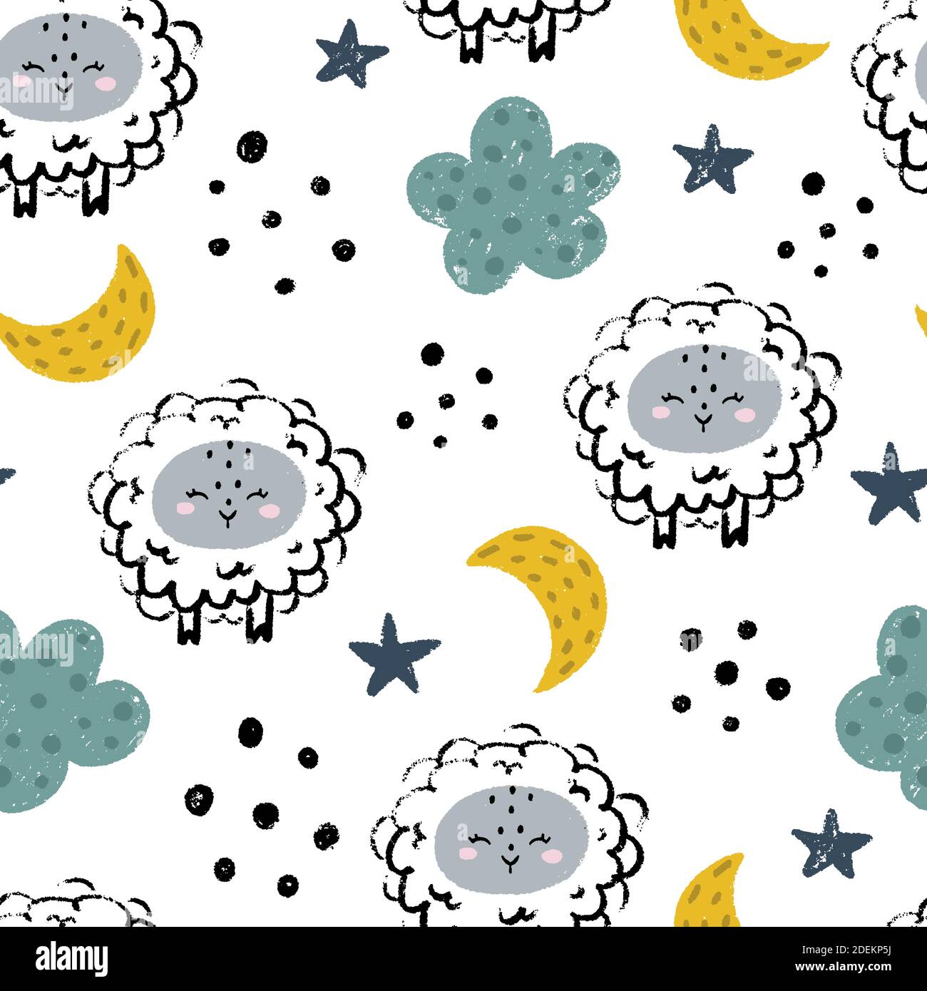 Carino allevamento di pecore modello senza giunture con nuvole, stelle, luna e puntini astratti isolati su sfondo bianco. Illustrazione vettoriale in stile scandinavo per Illustrazione Vettoriale