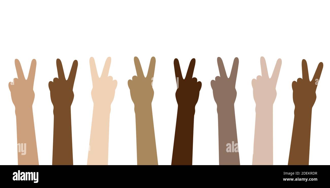 mani in rilievo in diversi colori della pelle isolati sul bianco Illustrazione vettoriale EPS10 Illustrazione Vettoriale