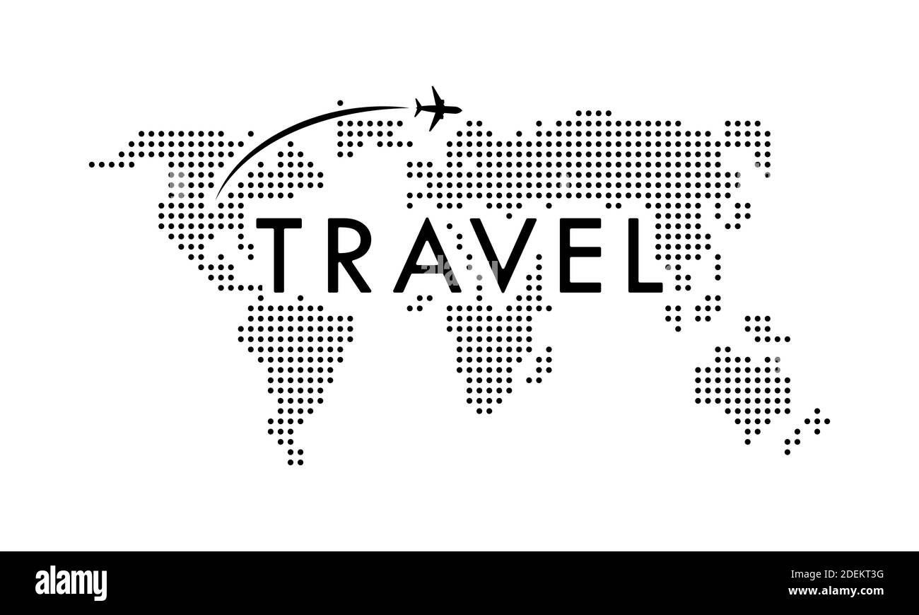 Illustrazione del viaggio. Mappa del mondo con aereo volante. Vettore su sfondo bianco isolato. EPS 10. Illustrazione Vettoriale