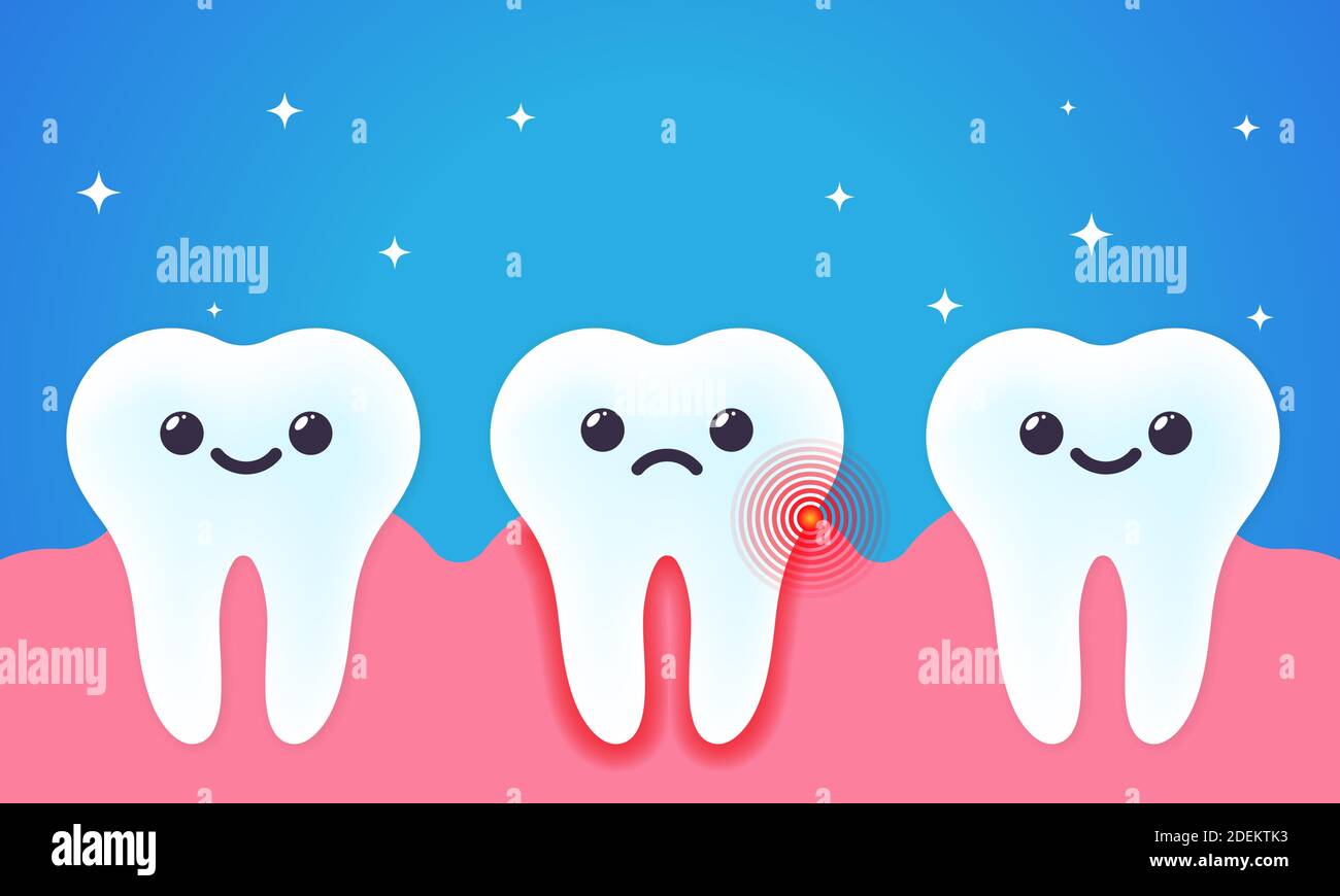 Illustrazione del mal di denti. Decadimento dei denti. Denti malsani e sani. Concetto di cura dentale. Vettore su sfondo isolato. EPS 10. Illustrazione Vettoriale