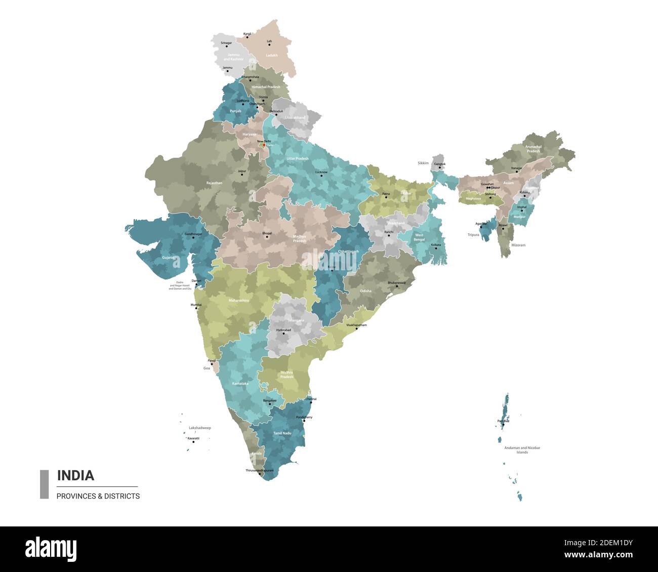 India higt Mappa dettagliata con suddivisioni. Mappa amministrativa dell'India con il nome dei distretti e delle città, colorata per stati e distretti amministrativi. Illustrazione Vettoriale