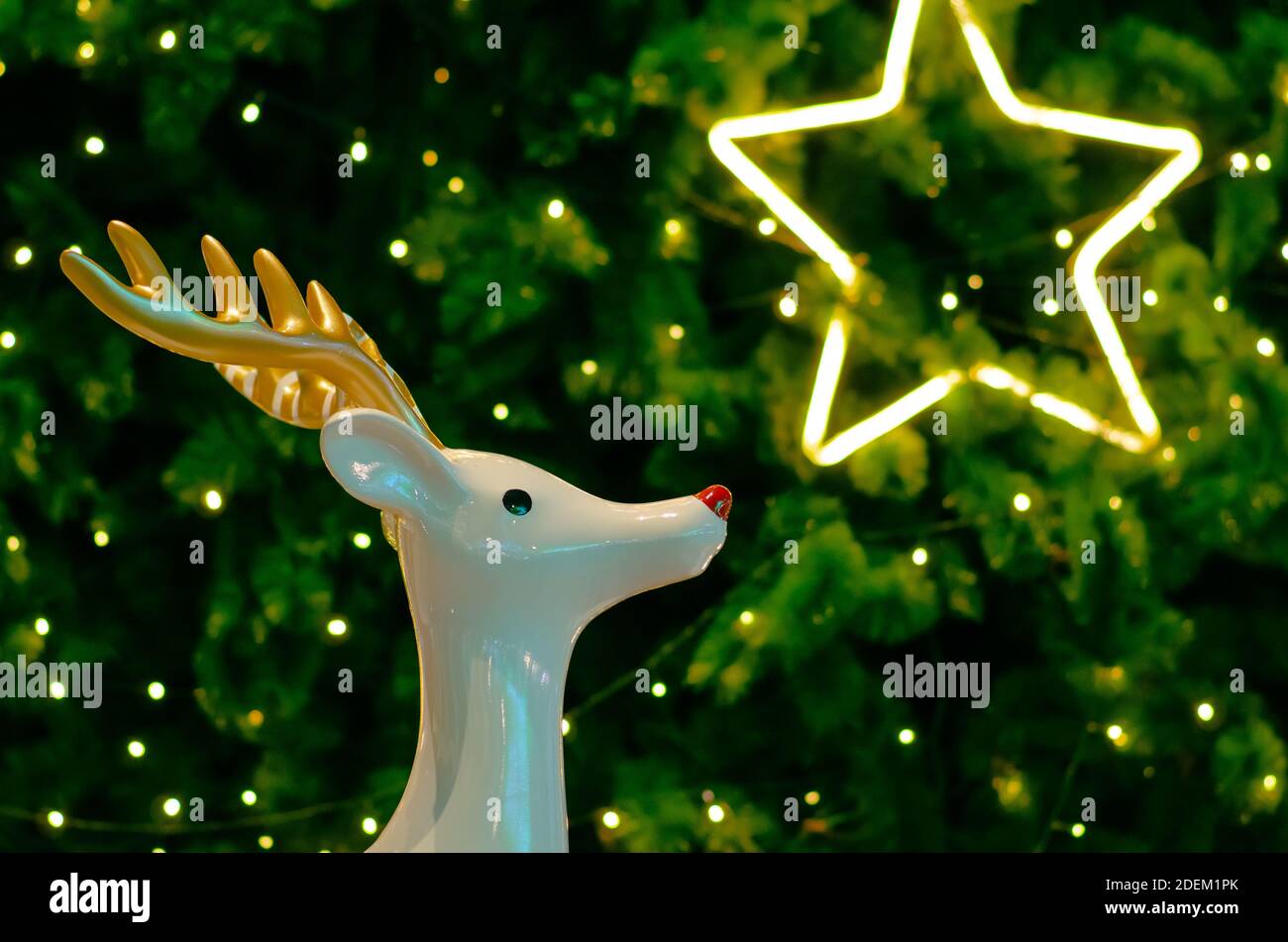 Renna bianca con corna toglodona si erge di fronte all'albero di Natale con luce al neon stellare. Foto Stock