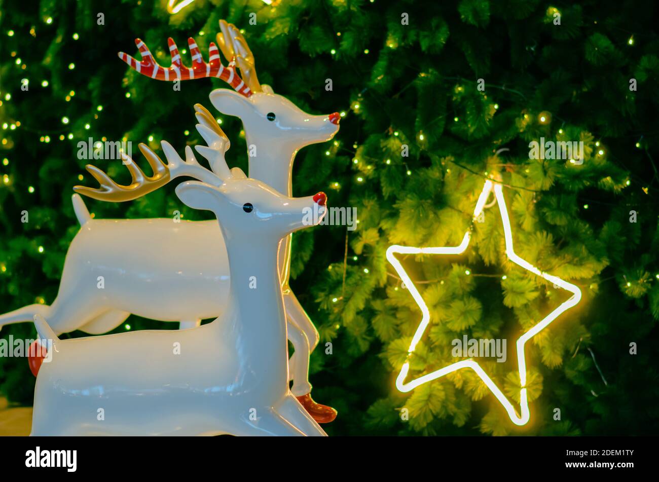 Renna bianca con tignolo e corna rossa si erge di fronte all'albero di Natale con luce al neon stellare. Foto Stock