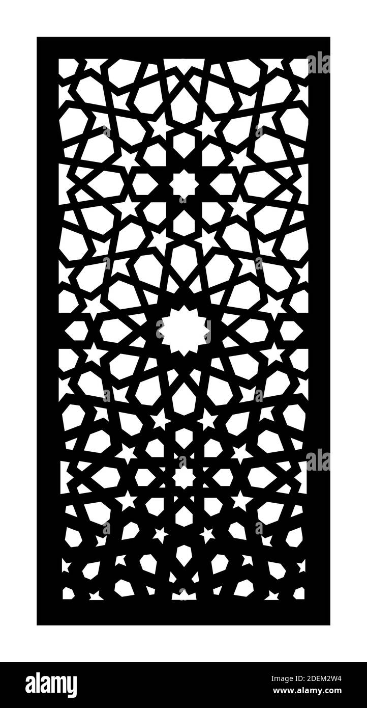 Pannello vettoriale taglio laser, schermo, recinzione, divisore. Motivo decorativo CNC, design jali, elemento interno. Taglio laser islamico , arabico . Schermo ombreggiato Illustrazione Vettoriale