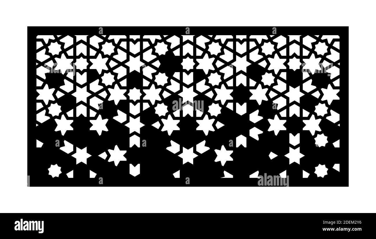 Mascherina decorativa di recinzione marocchina. Pannello vettoriale taglio laser, schermo, recinzione, divisore. Modello CNC, design jali, arredamento interno. Laser islamico arabico Illustrazione Vettoriale