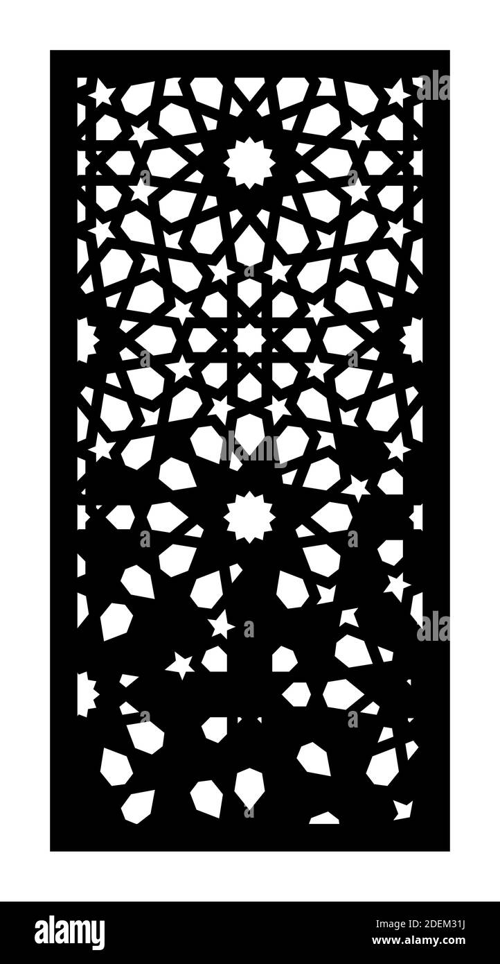 Gate, modello vettoriale dell'arte islamica. Disegno decorativo CNC, design jali. Taglio laser islamico arabico. Schermo ombra, recinzione privacy, divisorio, cancello Illustrazione Vettoriale