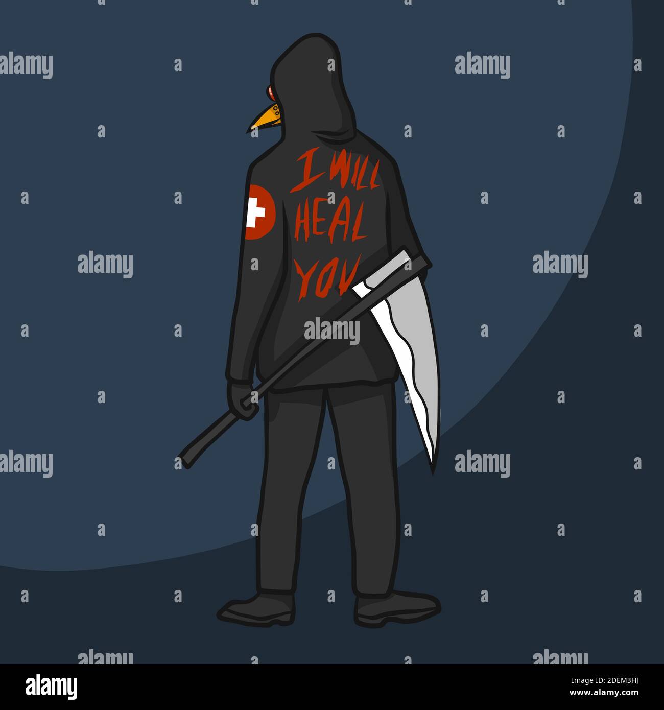Il medico della peste (medico di corvo) Indossa ti guarirò felpa con cappuccio e falce in mano illustrazione vettoriale cartoon Illustrazione Vettoriale