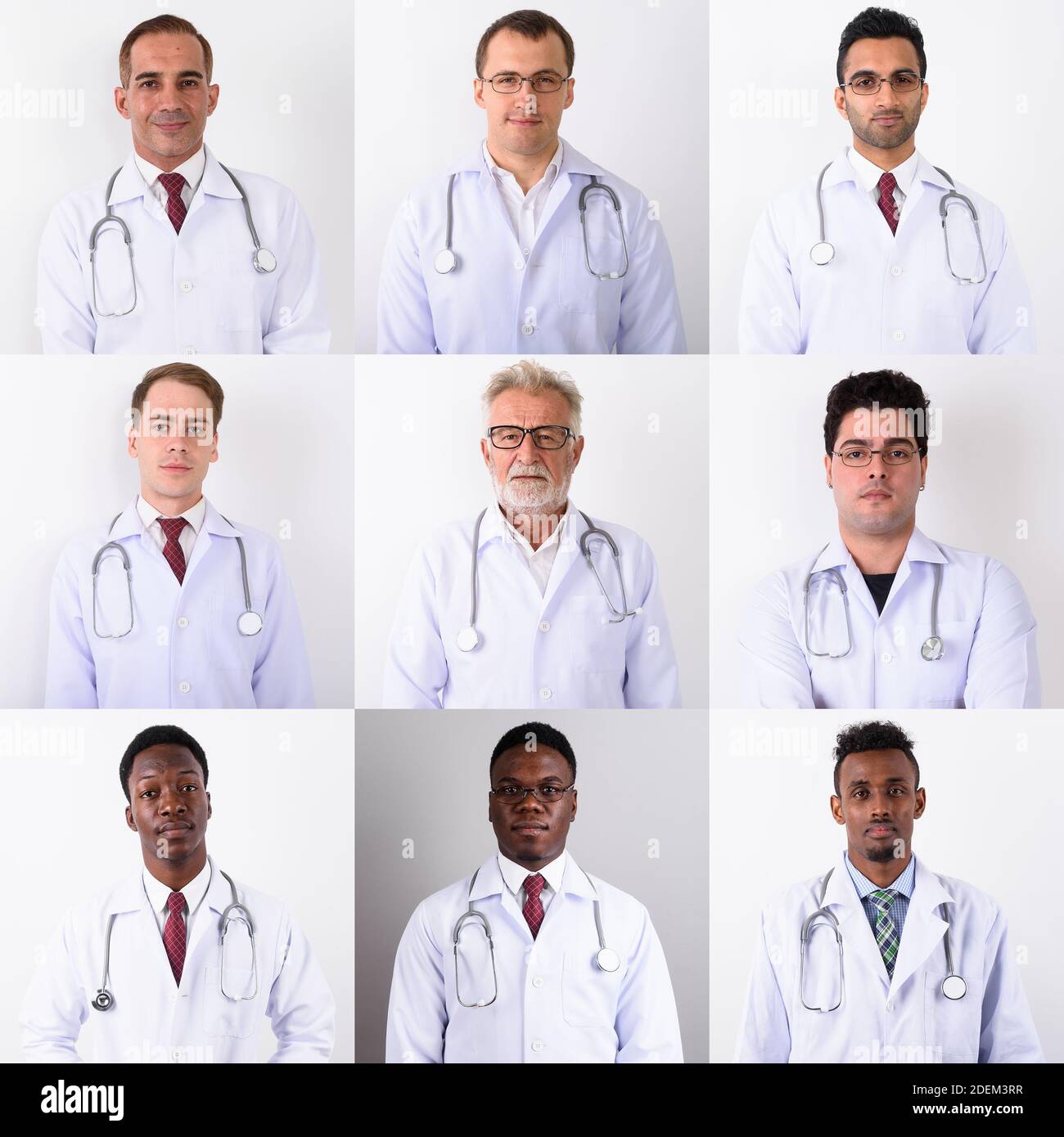 Collage medico-sanitario di ritratti di uomini su sfondo bianco Foto Stock