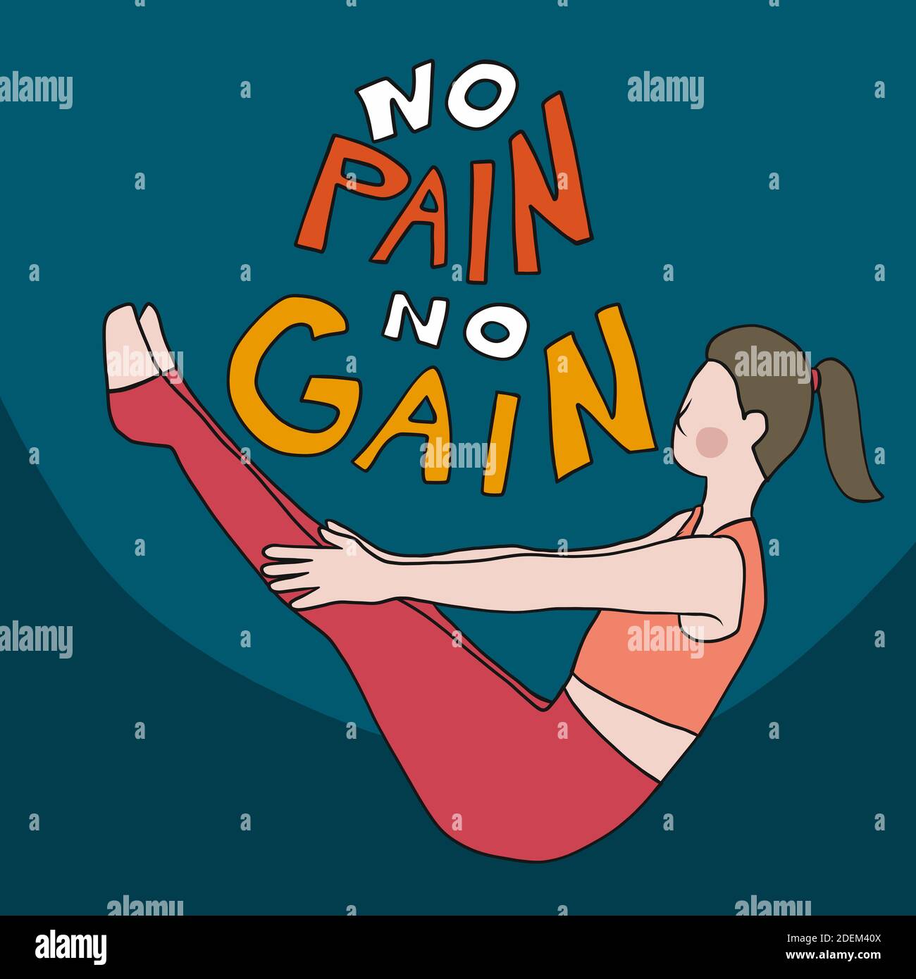 Nessun dolore nessun guadagno , la donna gioca yoga posa cartoon illustrazione vettoriale Illustrazione Vettoriale
