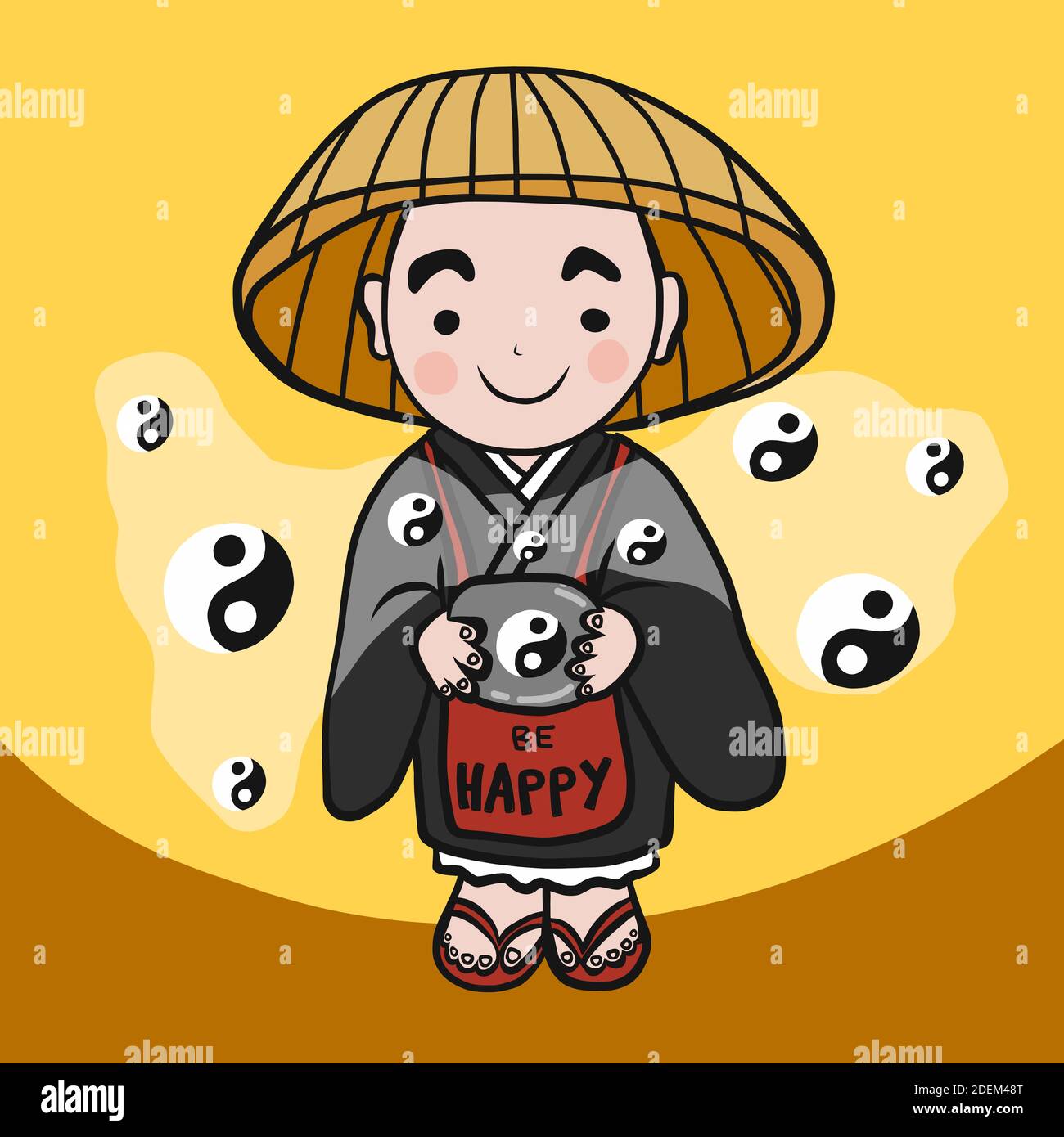 Monk essere felice con Yin-Yang simbolo cartoon illustrazione vettore Illustrazione Vettoriale